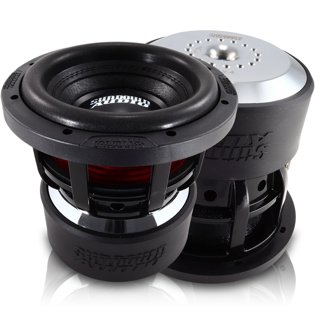 Black 8-inch subwoofer with red surround, black cone, and Sundown Audio logo