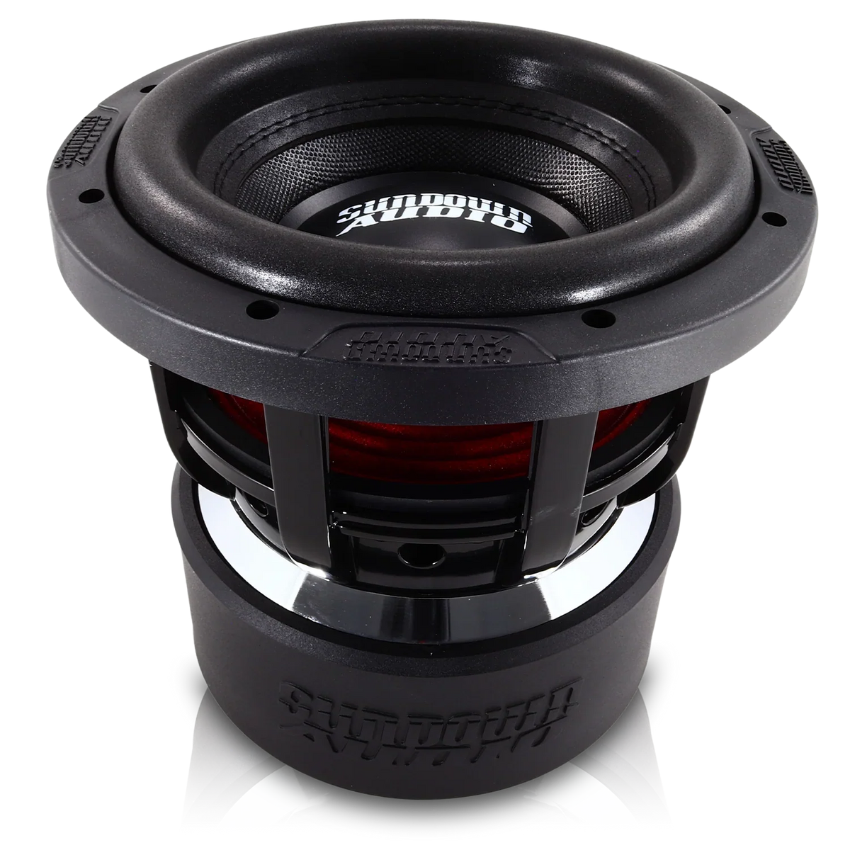 8 in black subwoofer with red surround and black dust cap, front close-up