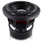 8-inch Sundown Audio subwoofer close-up with black frame and red cone surround