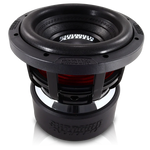 8-inch subwoofer driver with black cone and red surround, close-up