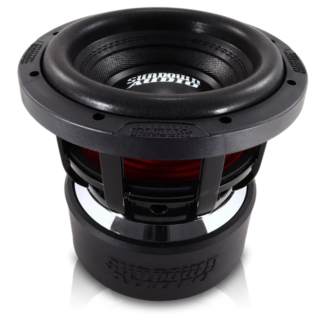 8-inch subwoofer driver with black cone and red surround, close-up