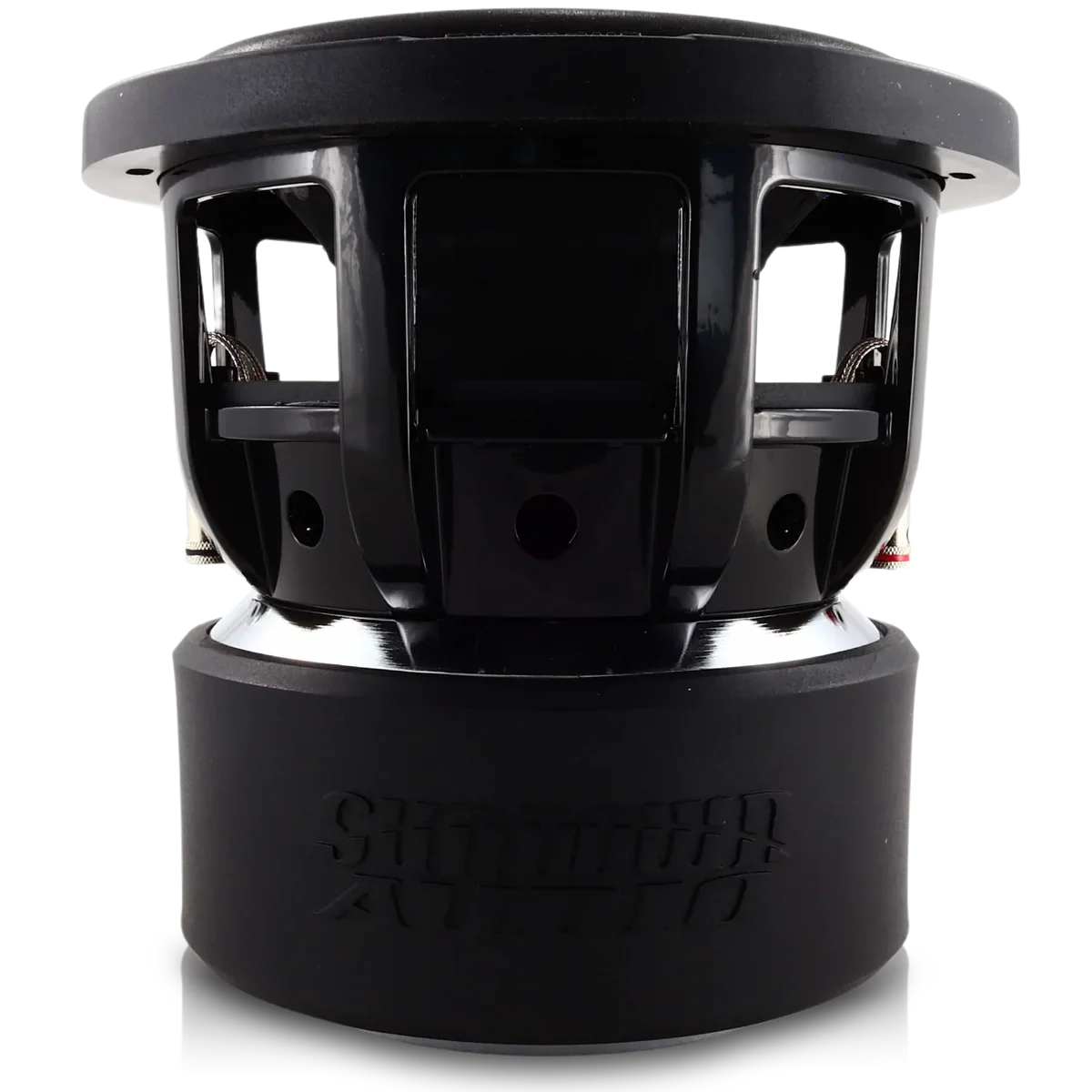 Back view of 8-inch subwoofer with black basket and mounting brackets