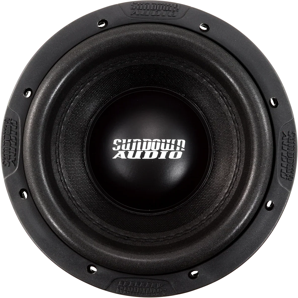 Black 8-inch subwoofer speaker with Sundown Audio logo on dust cap