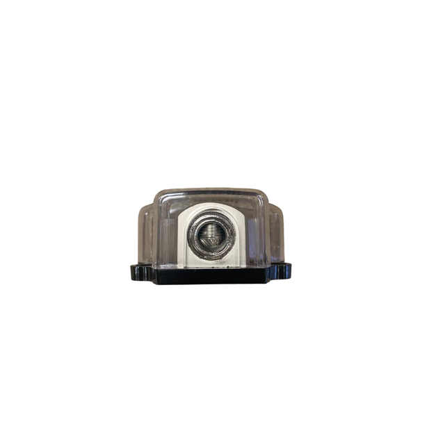 Nickel-plated distribution block with threaded stud, side view.