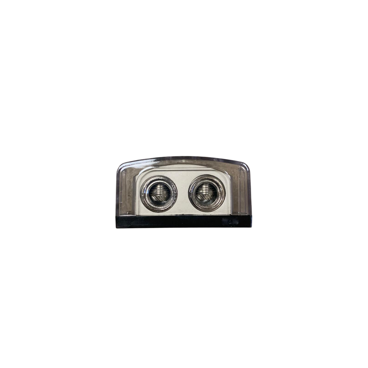 Nickel-plated distribution block with two threaded ports, front top view.