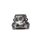 Nickel-plated distribution block with black mounting ears, front view.