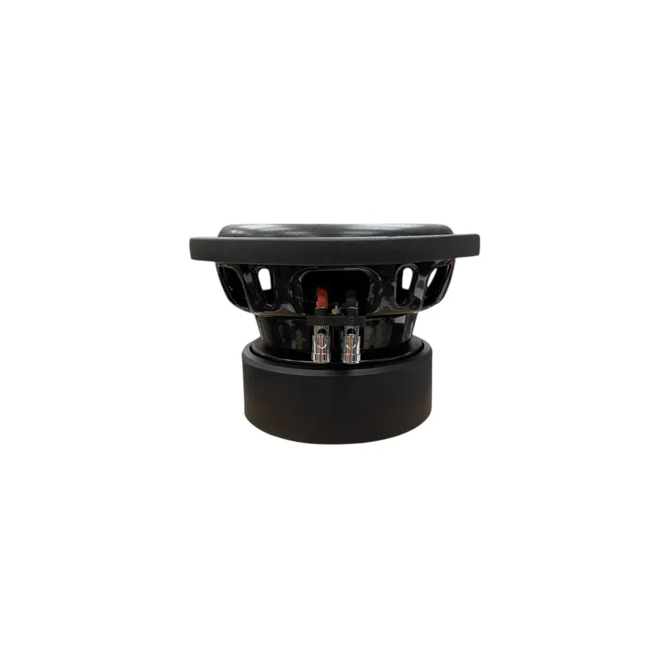 Black subwoofer driver with exposed dual terminals and metal mounting basket