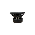Black subwoofer driver with exposed dual terminals and metal mounting basket