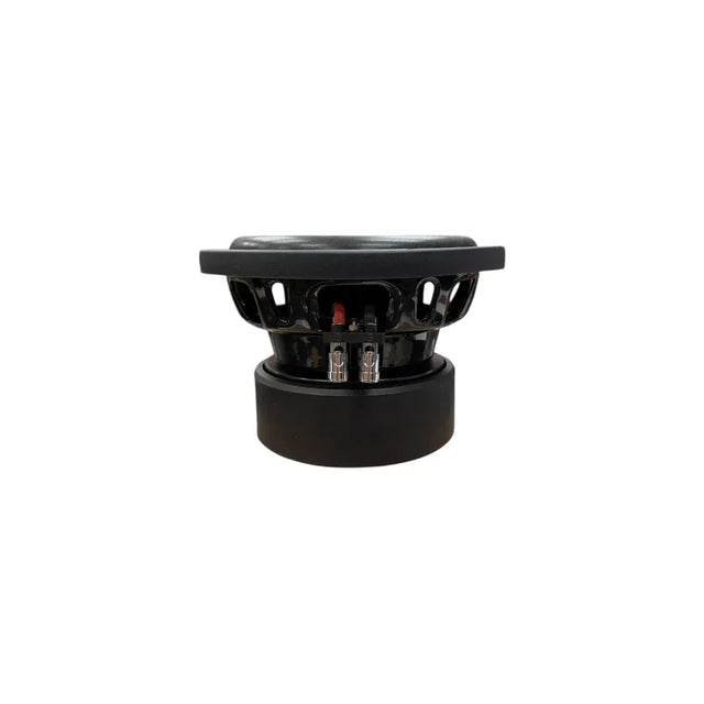 Black subwoofer driver with exposed dual terminals and metal mounting basket