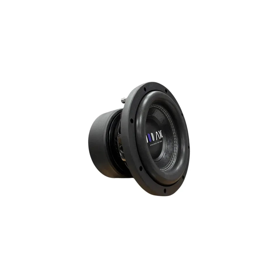 Black 8-inch car subwoofer with front cone, grille, and mounting screw holes
