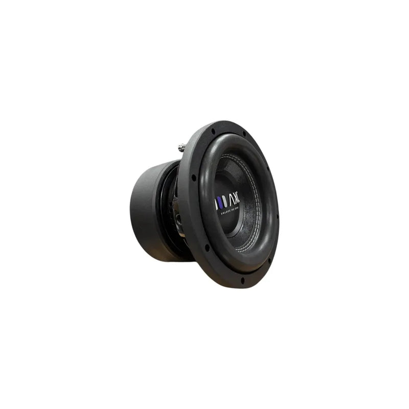 Black 8-inch car subwoofer with front cone, grille, and mounting screw holes
