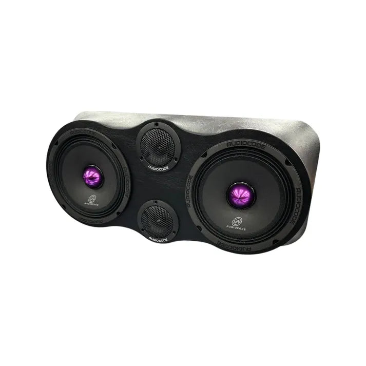 Car speaker pair with black grille, dual woofers, and purple LED center rings