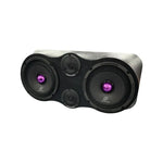 Car speaker pair with black grille, dual woofers, and purple LED center rings