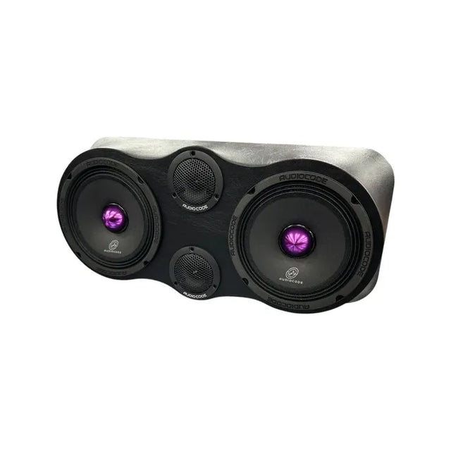 Car speaker pair with black grille, dual woofers, and purple LED center rings