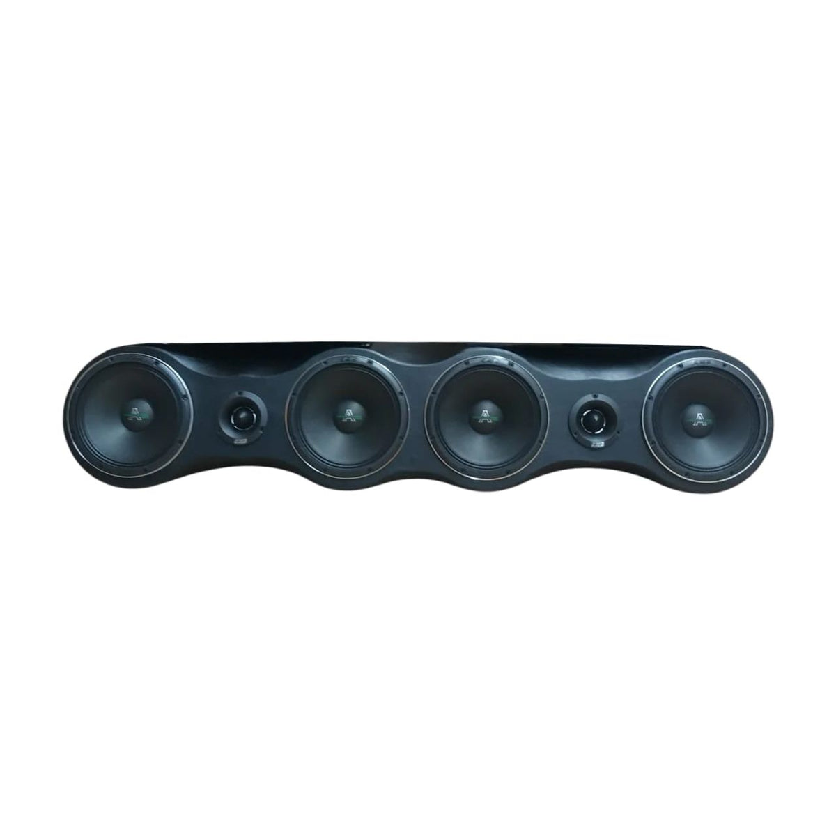 Car audio speaker pod with five round drivers in a black housing