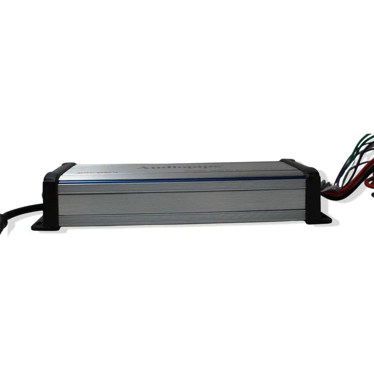 Gray metal 4-channel amplifier with black mounting brackets and side wiring