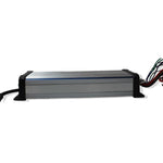 Gray metal 4-channel amplifier with black mounting brackets and side wiring