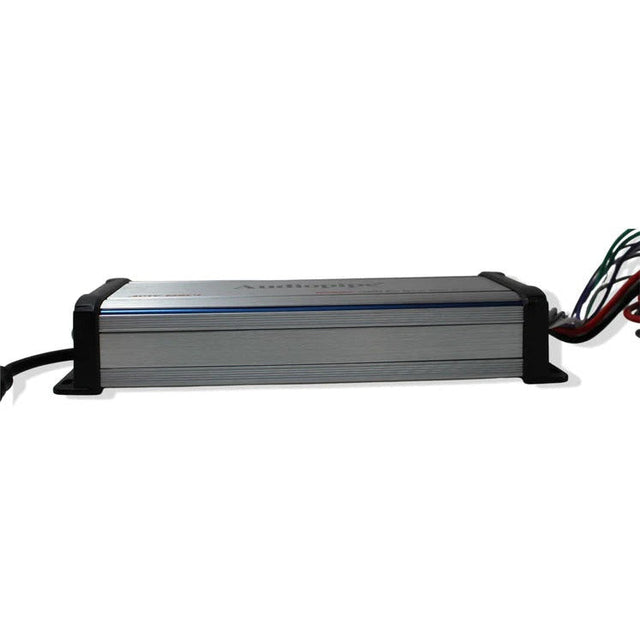 Gray metal 4-channel amplifier with black mounting brackets and side wiring