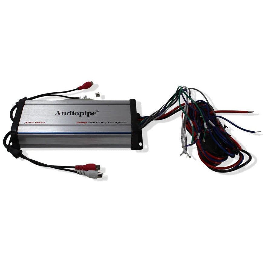 4-channel amplifier with wiring harness and RCA connectors, gray metal case