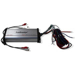 4-channel amplifier with wiring harness and RCA connectors, gray metal case