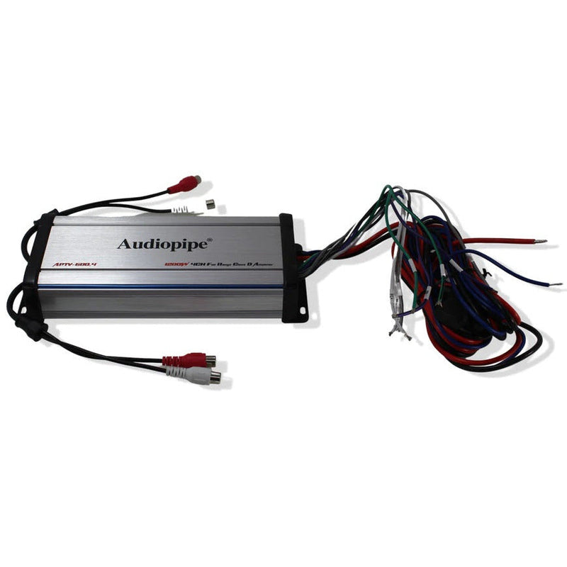 4-channel amplifier with wiring harness and RCA connectors, gray metal case