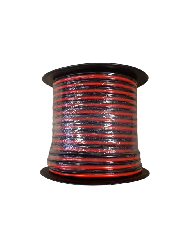 Coiled 16-gauge copper speaker wire, red insulation