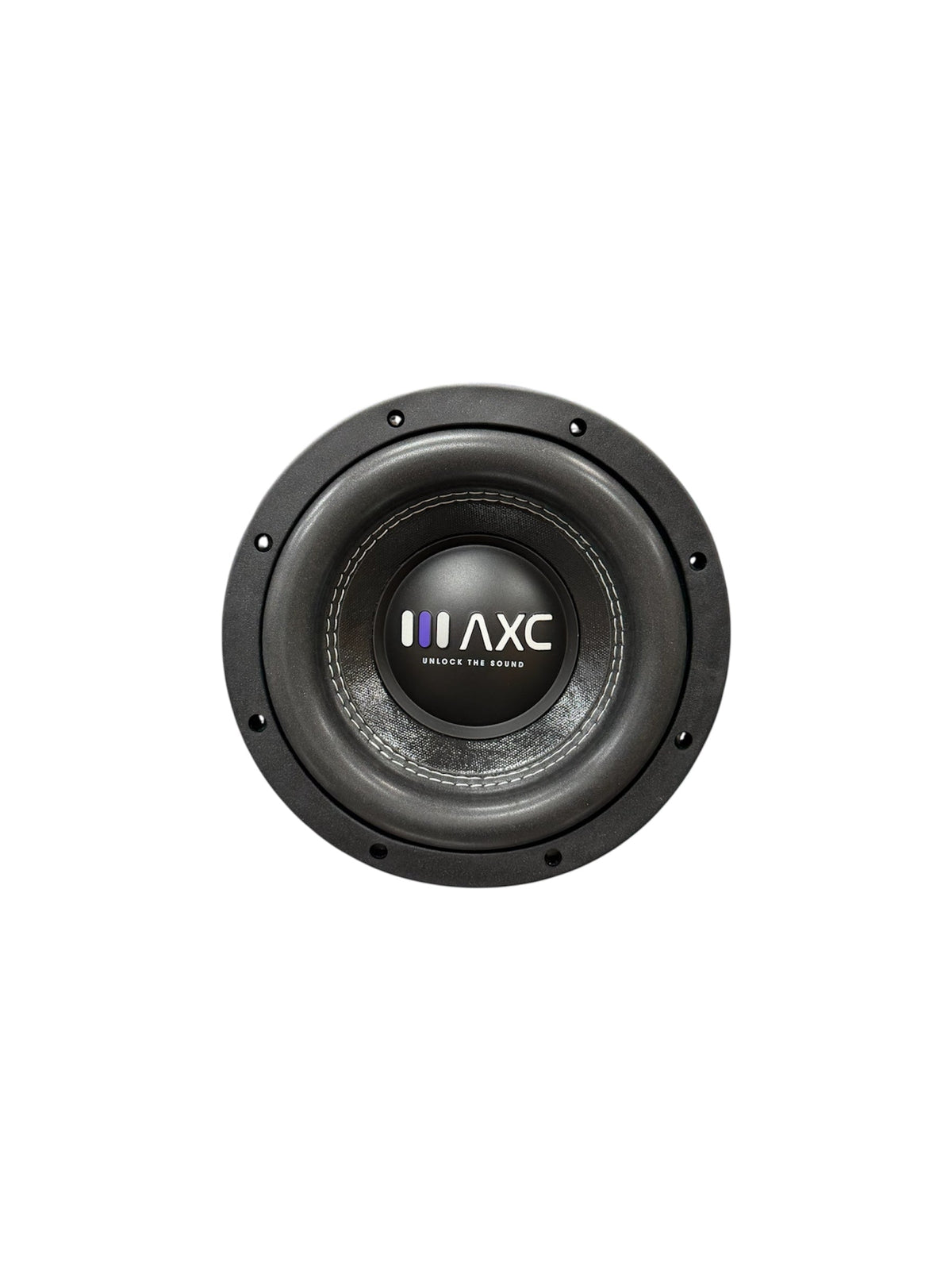 Black 8-inch subwoofer cone with AXC label and surround mounting screw holes