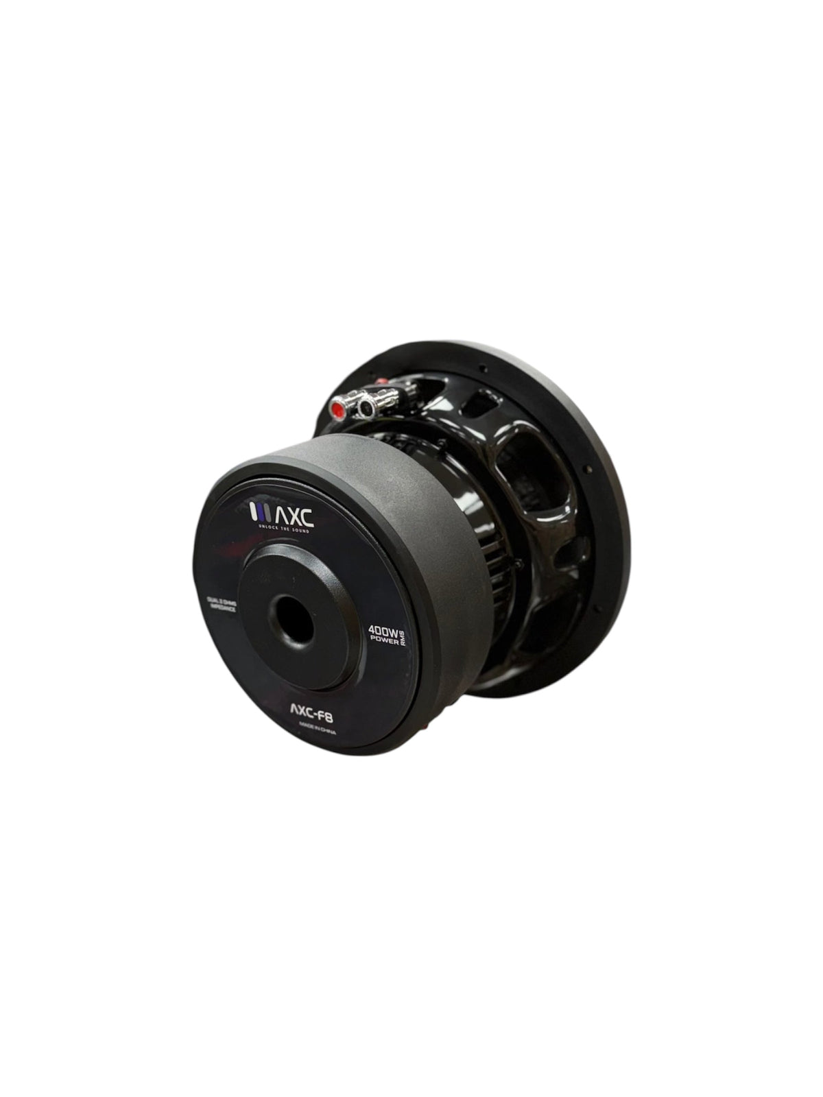 8-inch DVC subwoofer with side profile, vented frame, and terminal connections