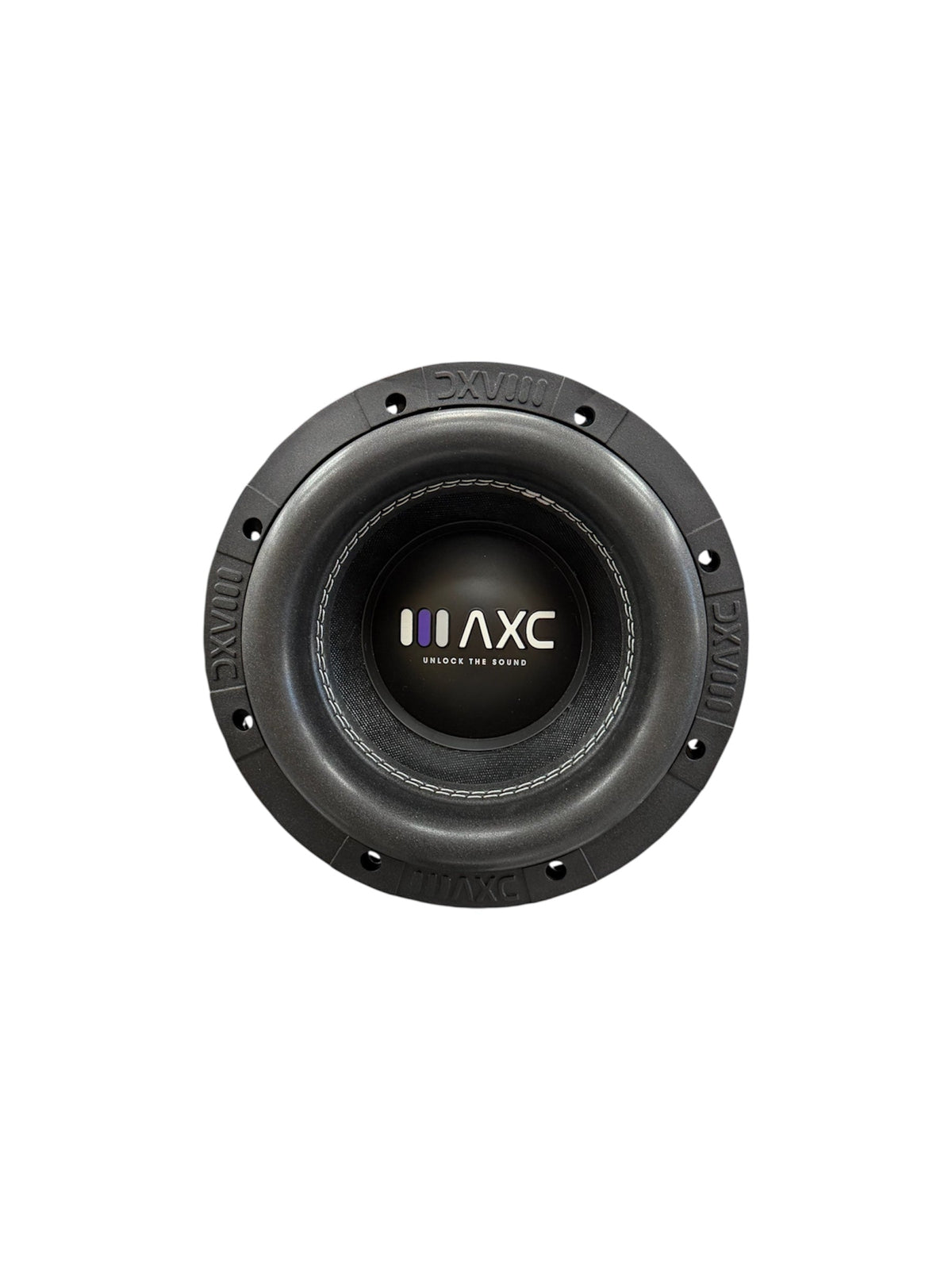 8-inch car subwoofer front with black cone, bolt ring, and Axx logo