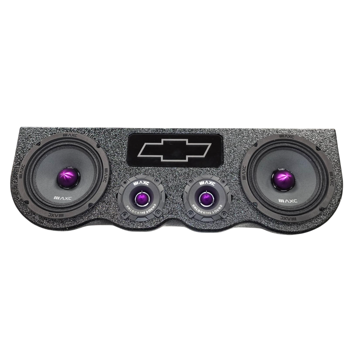 Car speaker system with two subwoofers, purple cone drivers, and central tweeters