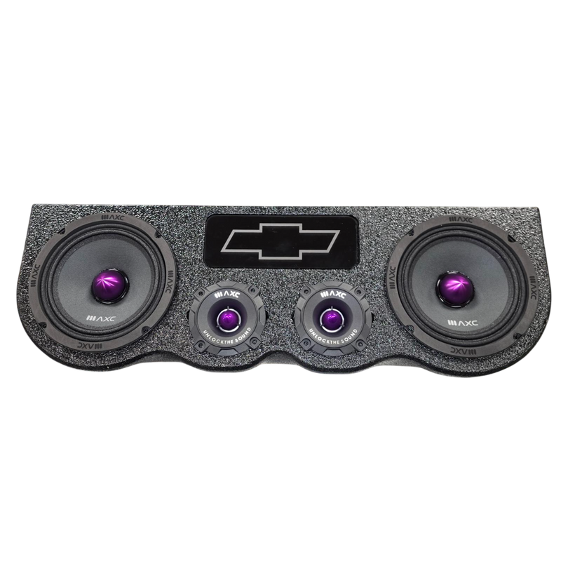 Car speaker system with two subwoofers, purple cone drivers, and central tweeters