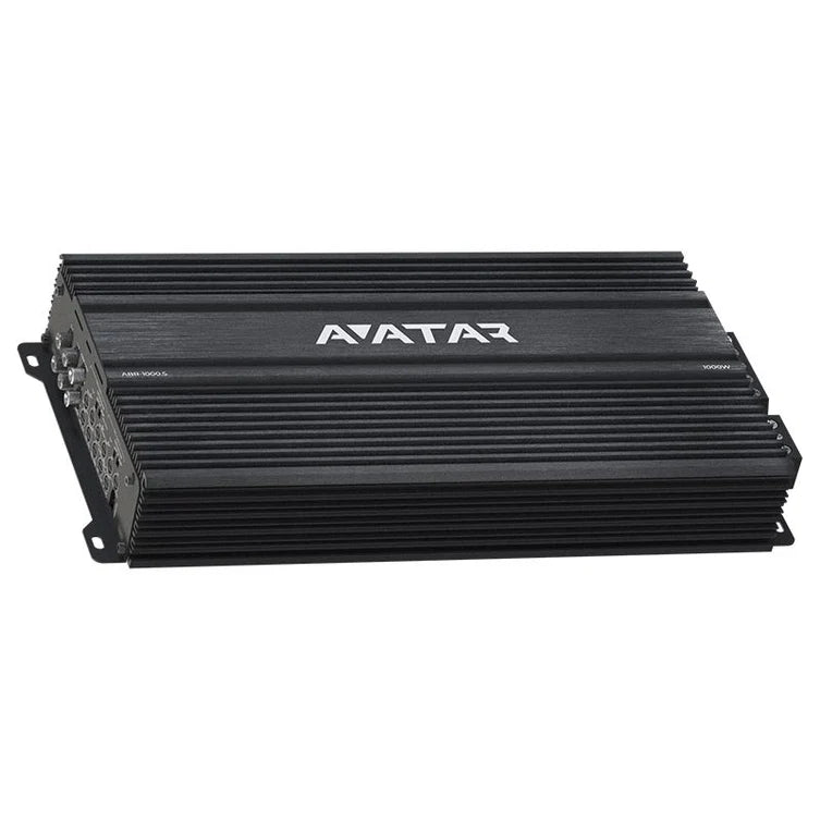 Avatar 5-channel car audio amplifier with black ribbed heatsink and side connectors