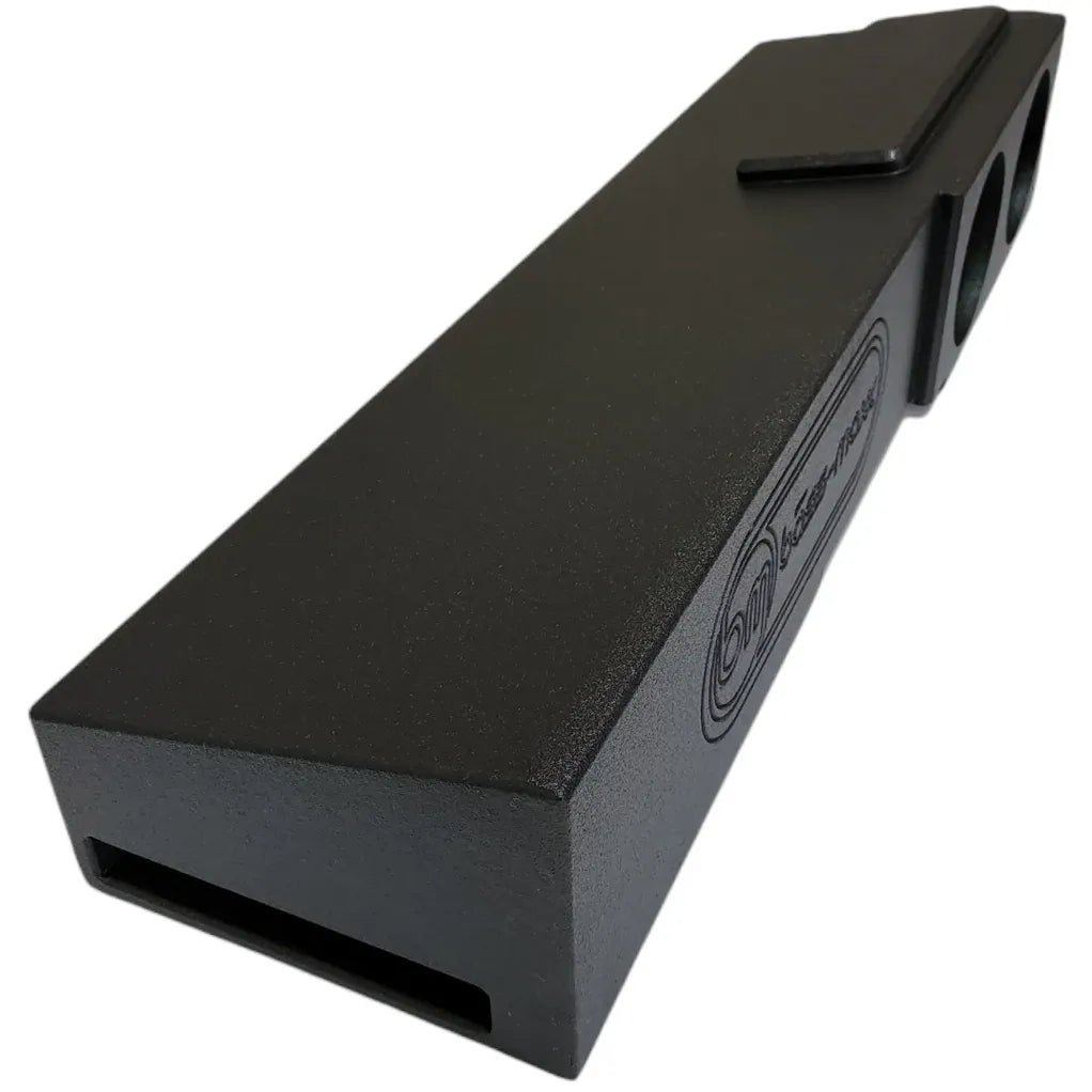 Car audio subwoofer enclosure side view with vent and two-port speaker face, black