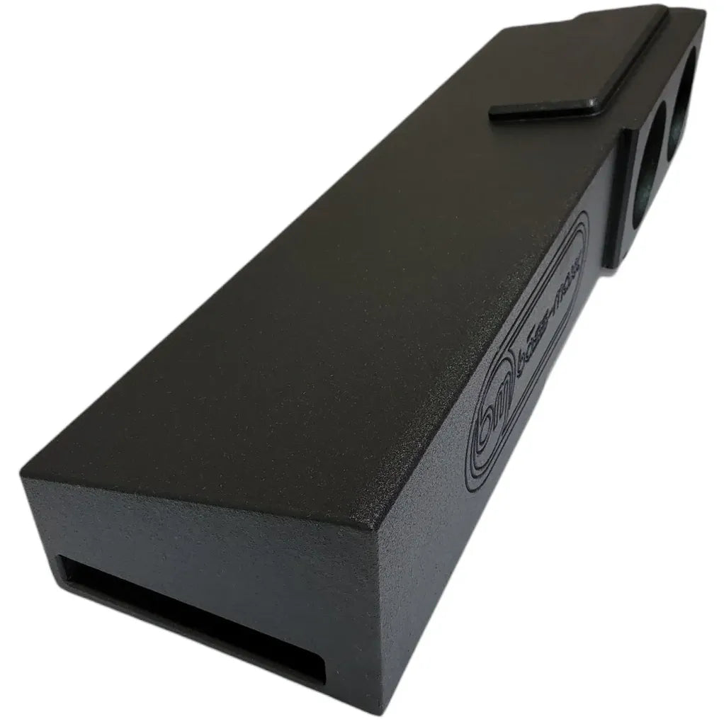 Black subwoofer enclosure with vent cutout and top handle detail