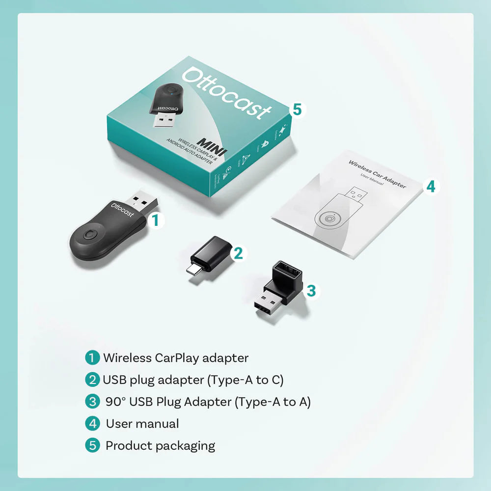 Otto Cast mini wireless CarPlay/Android Auto adapter kit with USB connectors and manual