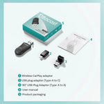Otto Cast mini wireless CarPlay/Android Auto adapter kit with USB connectors and manual