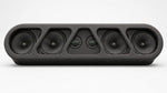 Black speaker rack with five round drivers and sculpted grille panel