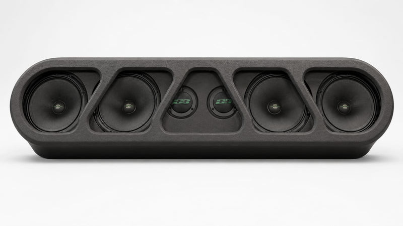 Black speaker rack with five round drivers and sculpted grille panel