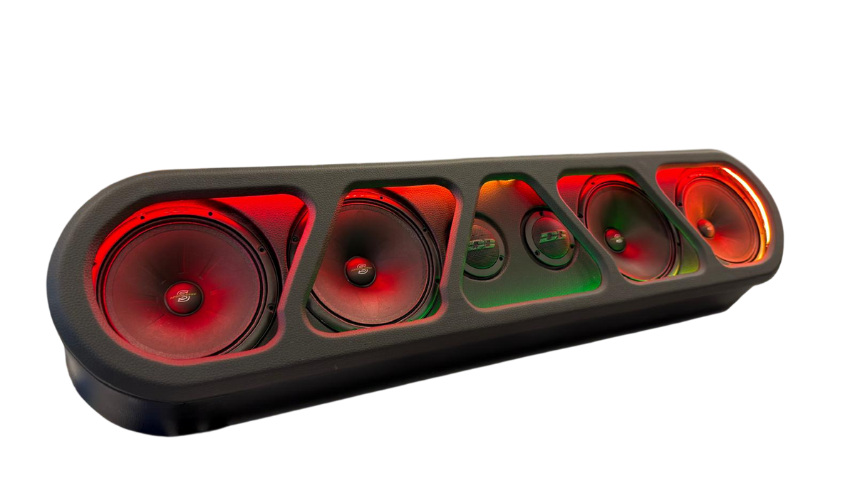 Black speaker rack showing red LED lighting on five speaker drivers