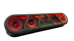 Black speaker rack showing red LED lighting on five speaker drivers