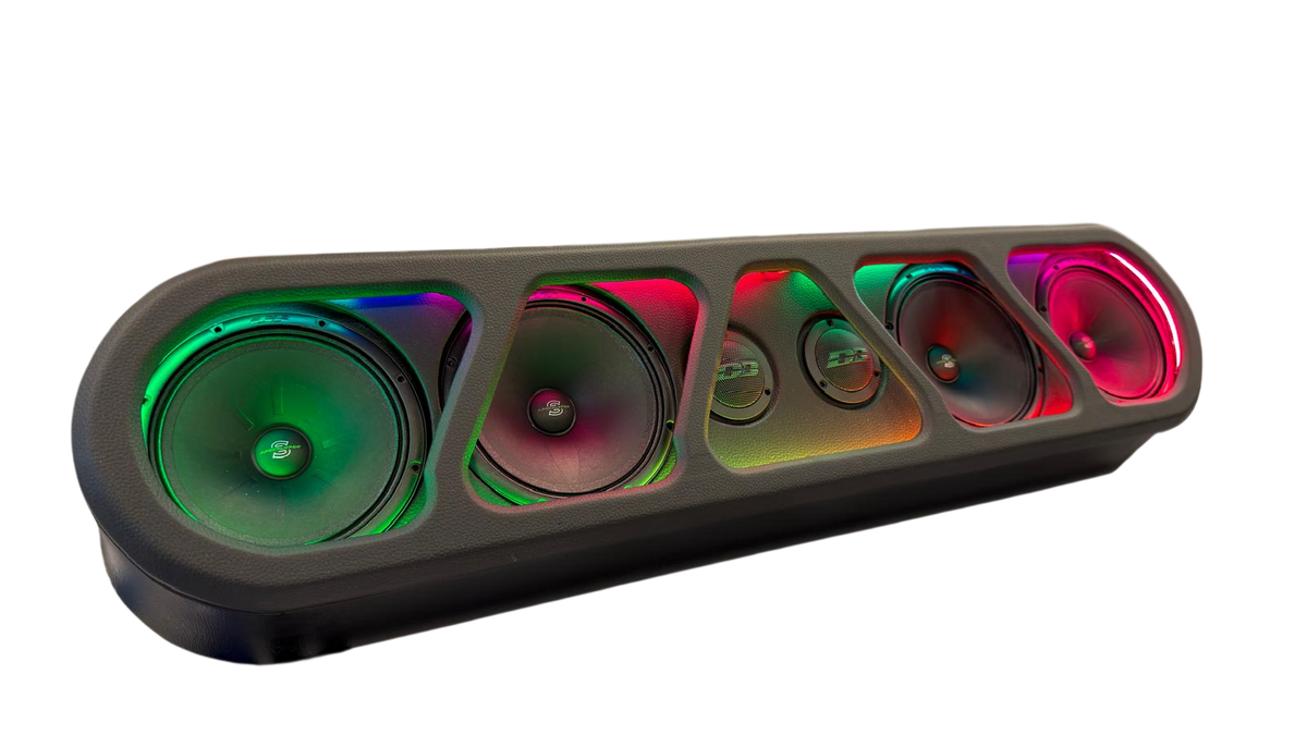 Black speaker rack with RGB LED lighting, visible circular speaker drivers