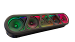 Black speaker rack with RGB LED lighting, visible circular speaker drivers