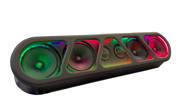 Black speaker rack with RGB LED lighting, visible circular speaker drivers