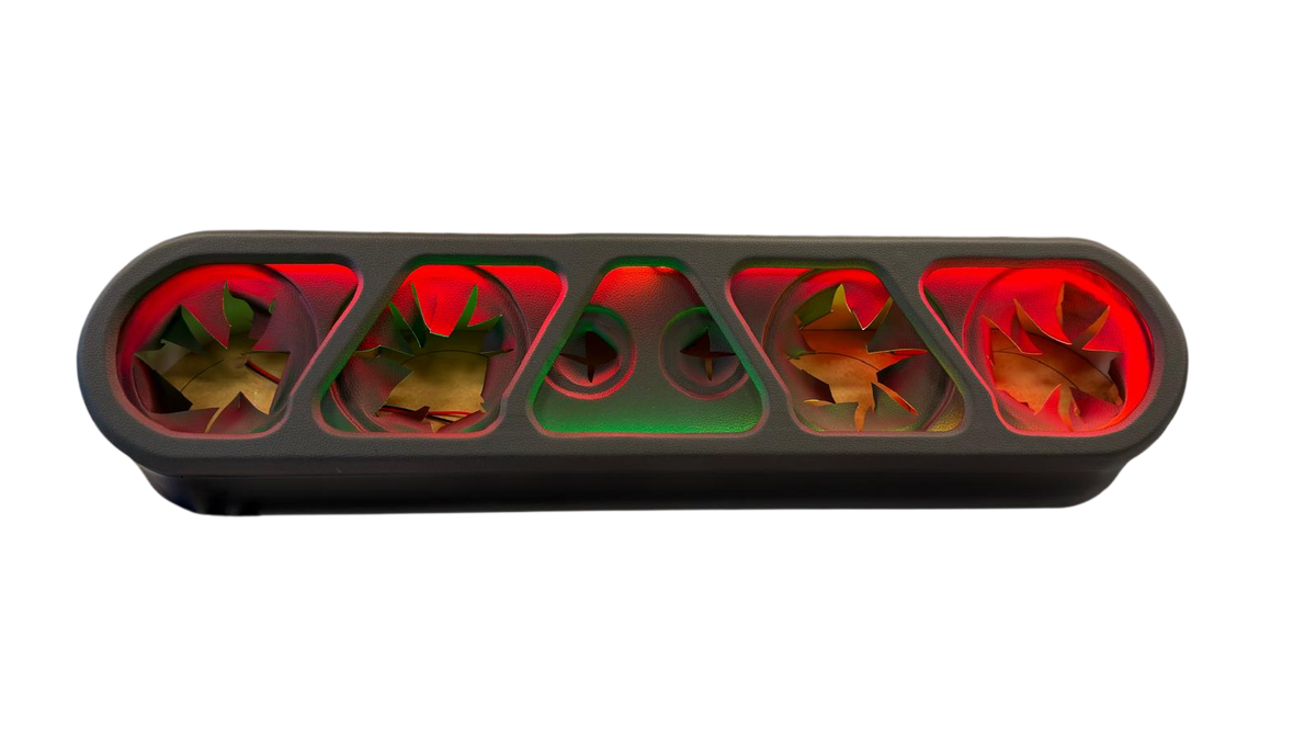 Speaker rack enclosure with beauty panel and red LED-lit speaker faces, gray housing