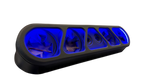 Black speaker rack with blue LED lighting across the front speaker drivers