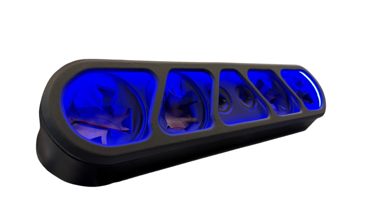 Speaker rack enclosure with beauty panel, blue LED lighting on circular speaker openings