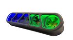 Black speaker rack with green and blue RGB LED lighting on three drivers
