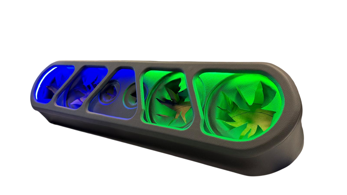 Speaker rack enclosure with beauty panel and green/blue LED-lit speaker openings, black case