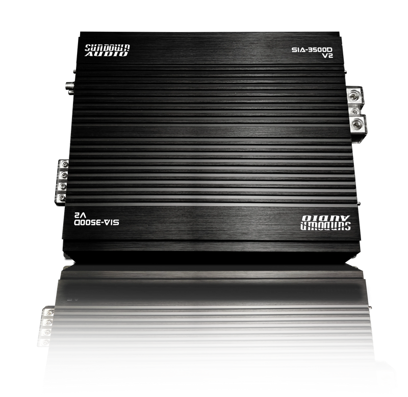 Sundown Audio mono amplifier, black ribbed chassis with side mounting hardware