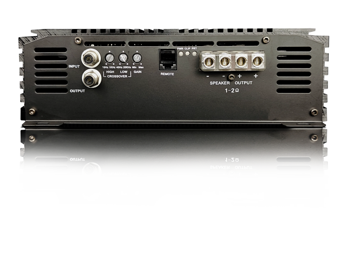 Mono amplifier rear panel with cooling vents, input/output controls, and speaker terminals
